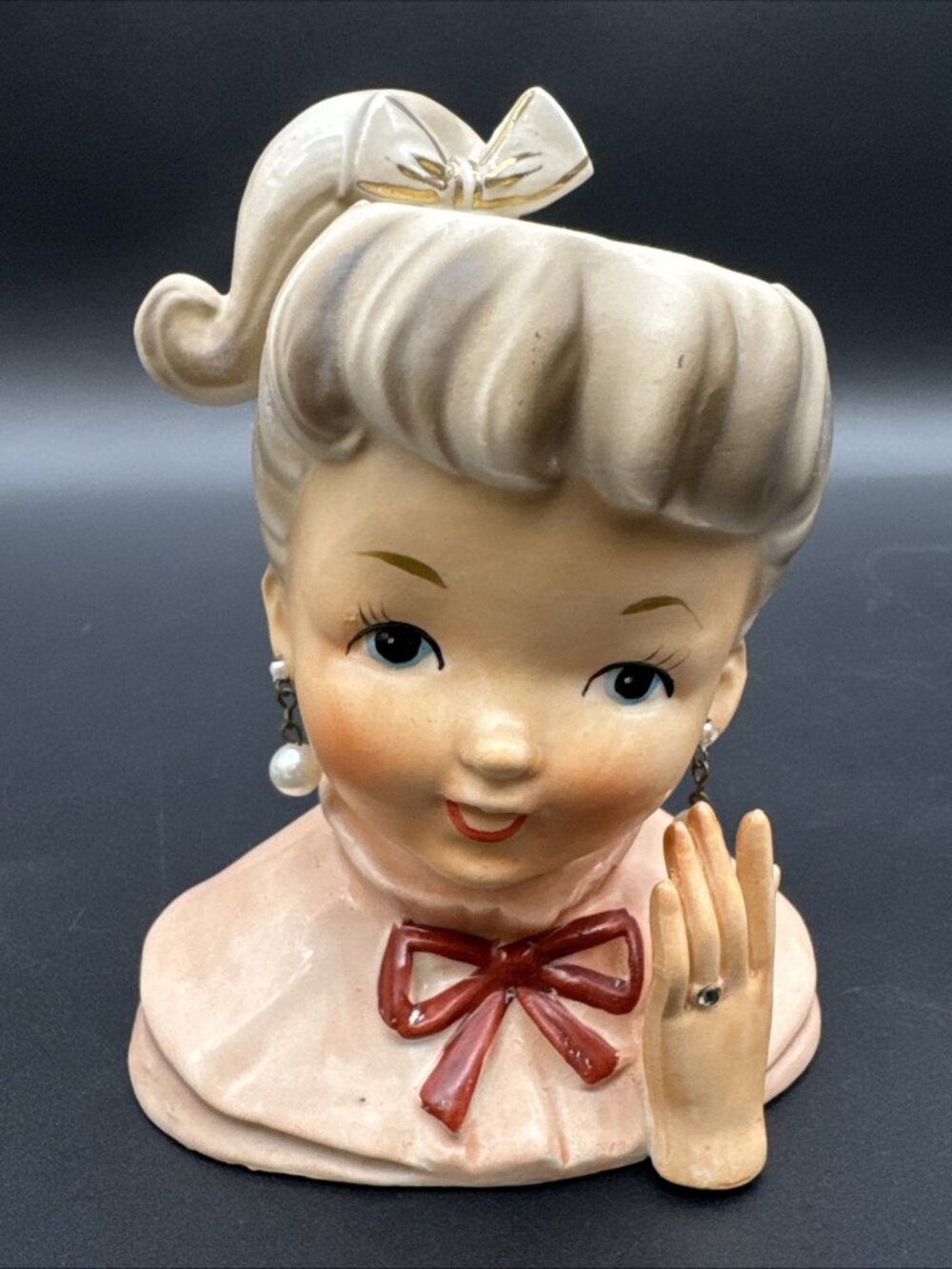 VTG 50’s Head Vase Pink Ponytail Pearl Earring Engagement Ring Bow Girl Ceramic